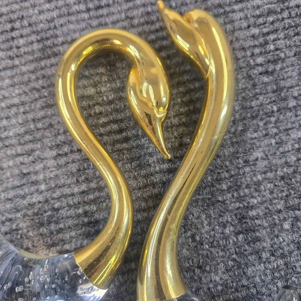 Set of 2 Glass and Brass Swan Figurines Vintage Decoration